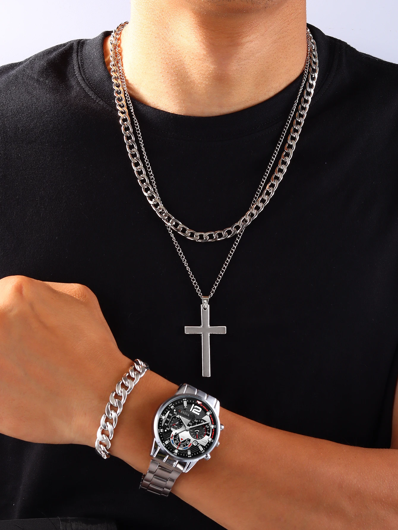 4pcs Business style Silver Mechanical design Men\'s alloy quartz watch with calendar and alloy Cross Cuban Necklace bracelet set