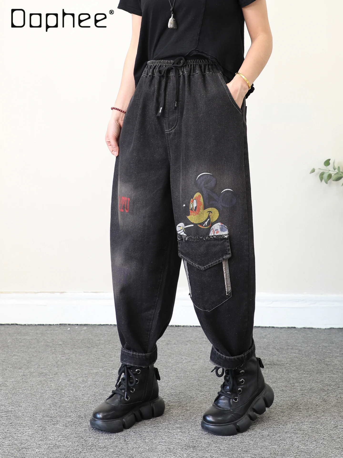 

Винтажные потертые белые джинсы с принтом для женщин, свободные шаровары на шнуровке с девятью точками, осенние джинсы с эластичной резинкой на талии и героями мультфильмов