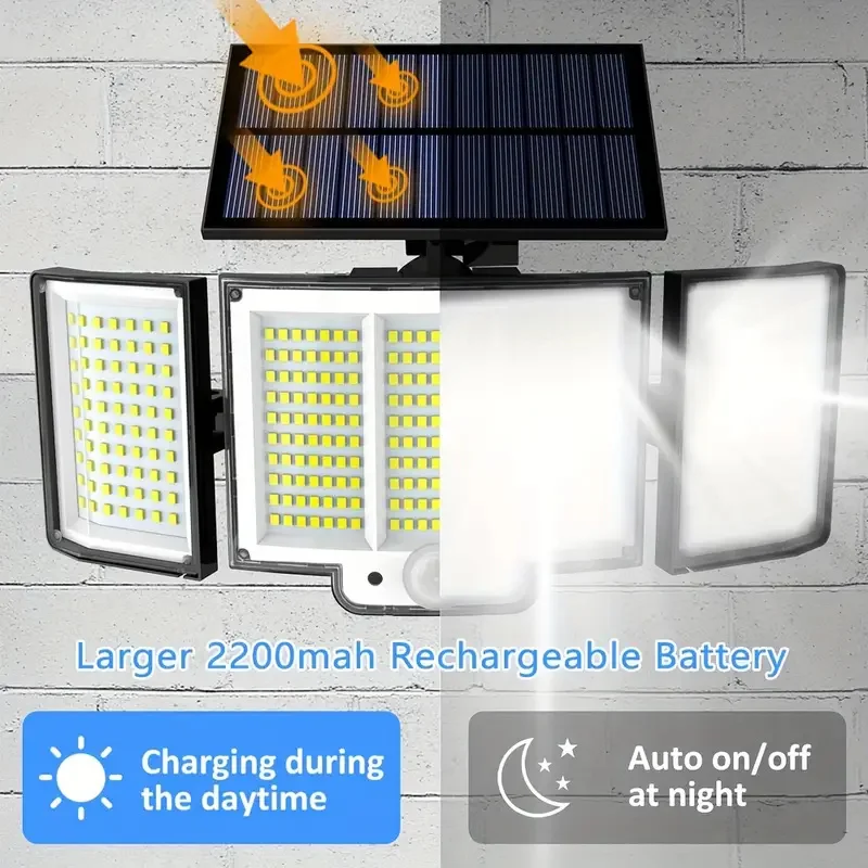 

Солнечные наружные фонари, наружные фонари с датчиком движения 348LED, 3-головочный светильник безопасности, широкоугольный настенный светильник для заднего двора