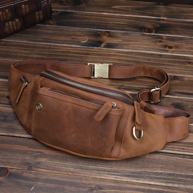 Crazy Horse Leather Men Baotou Layer Cowhide Mobile Phone Fanny Pack Large Capacity Sports Diagonal Chest Bag Men's Leather