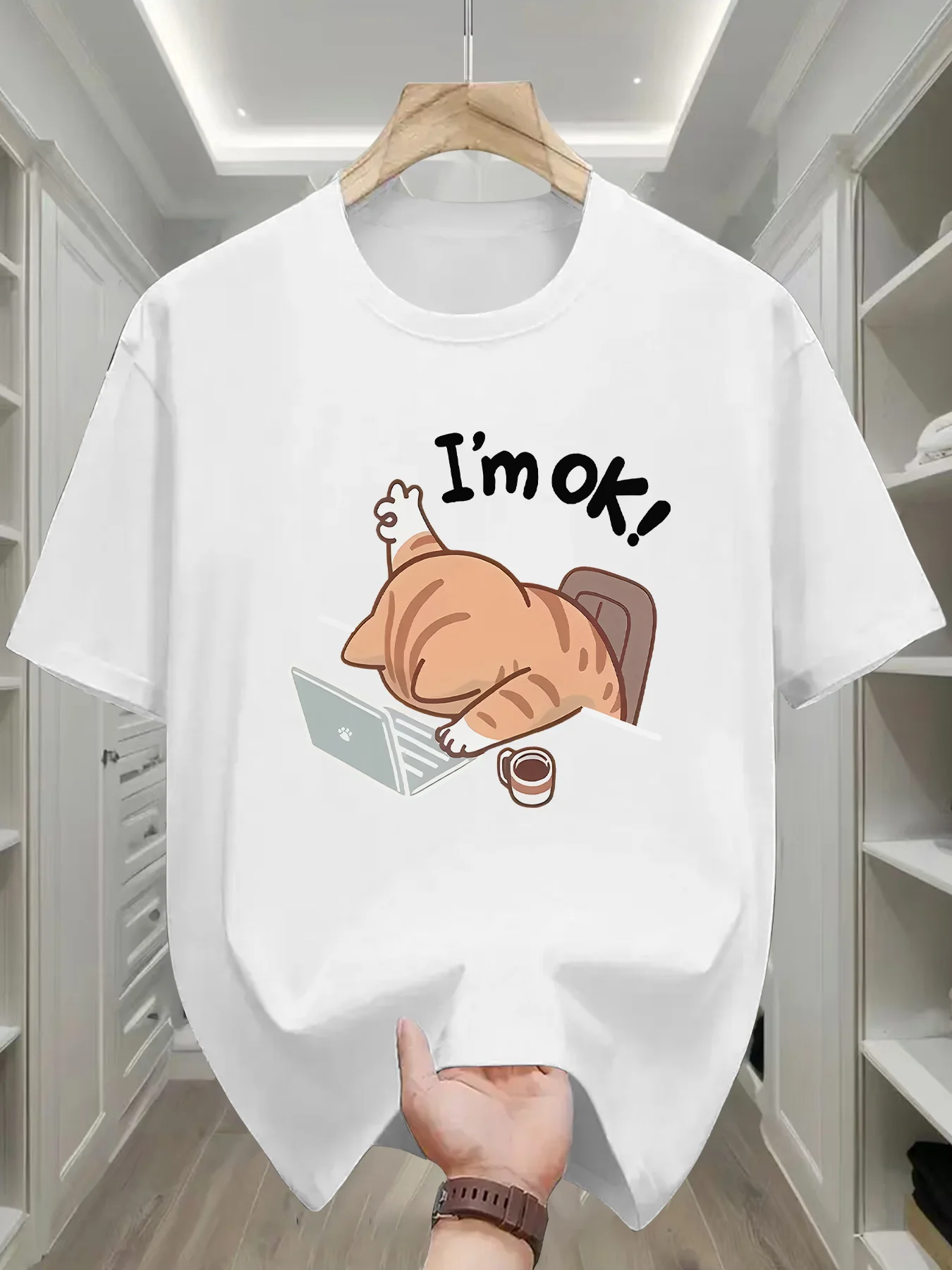 Funny Sleepy Orange Cat Laptop Slogan Graphic T-shirt Men Cute Pet Printed Tee Loose Daily Fashion Tops