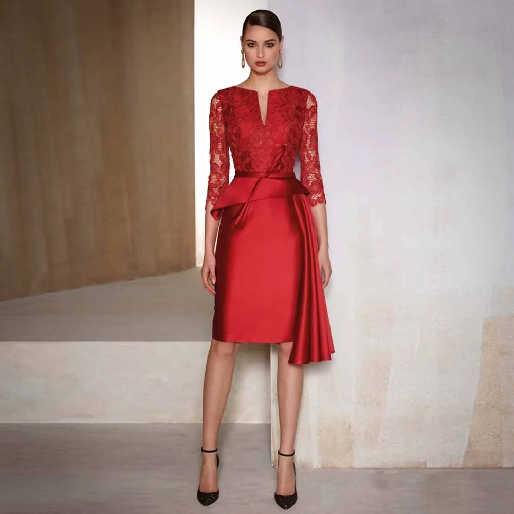 Formal Women's Cocktail Dresses 2025 Satin Sheath/Column Wedding Guest Dress Red O-Neck Lace Draped Button Groom's Mother Dress