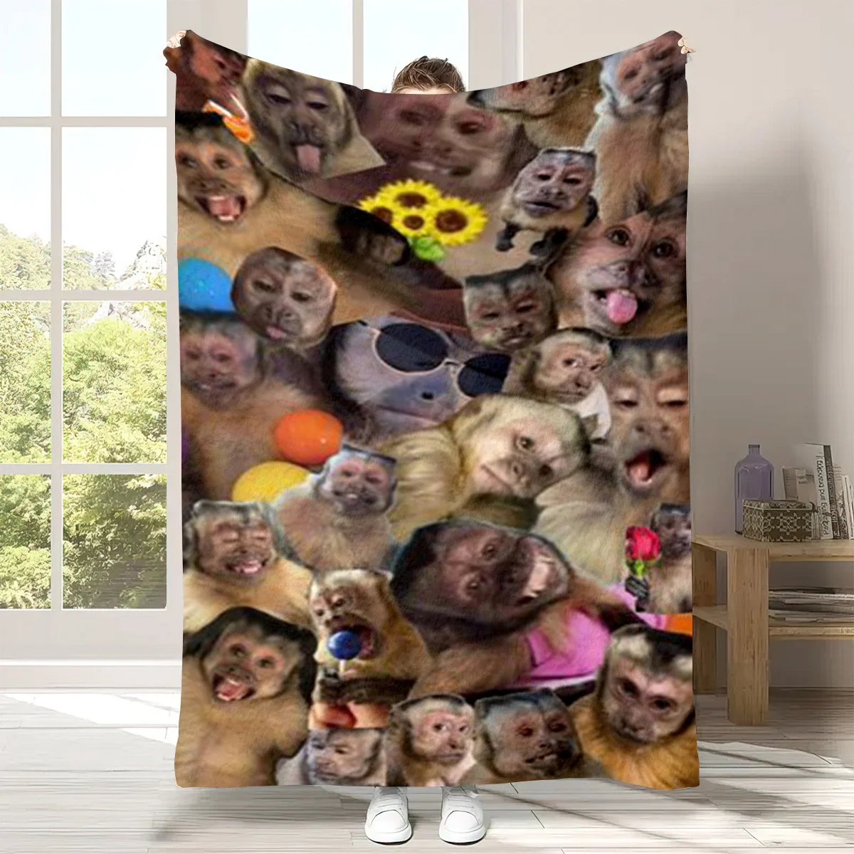 Funny Monkey Meme Collage Flannel Throw Blanket,Mixed Capuchin Monkey Faces Soft Warm Blanket Sofa Bed Home Decor Gift Ideas Now