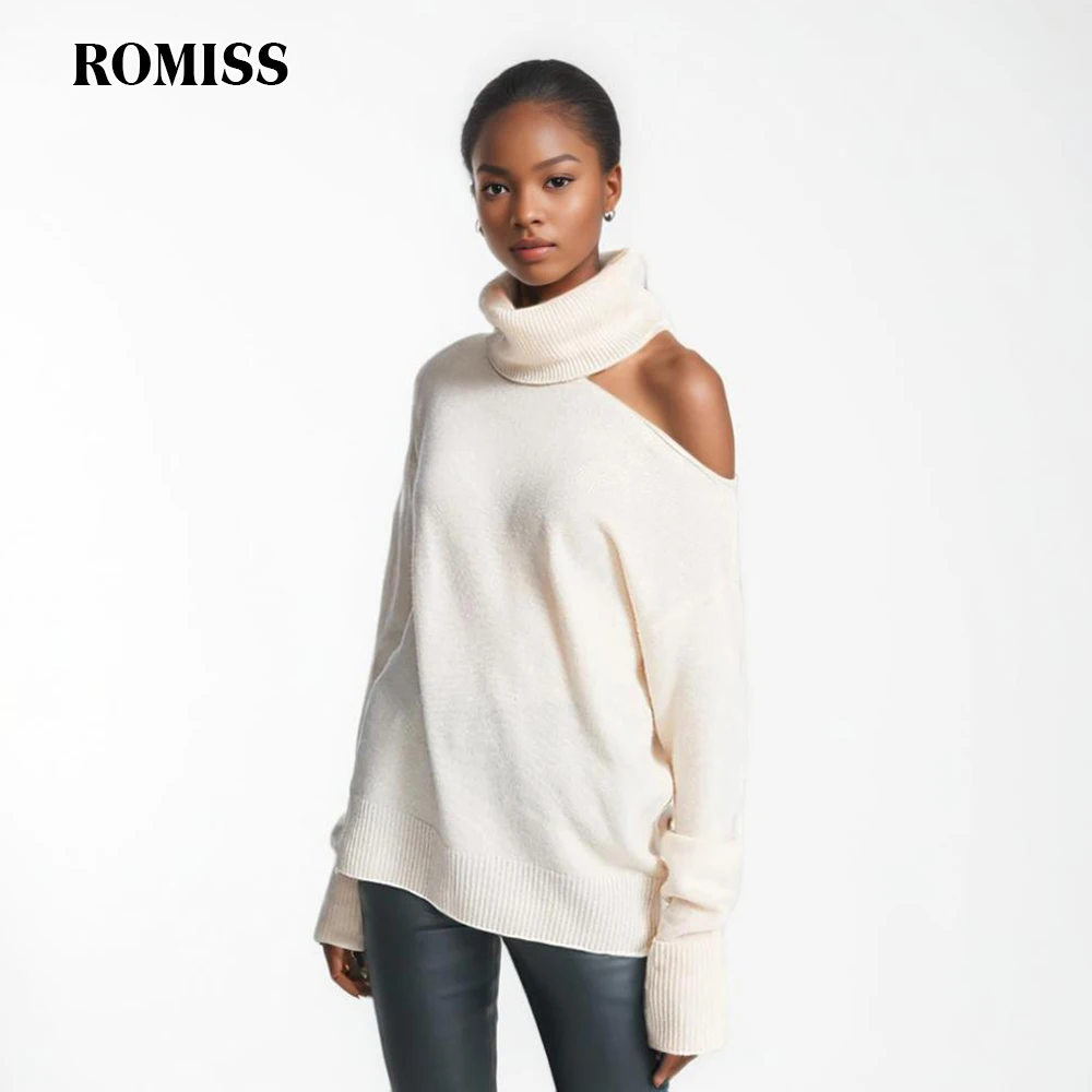 

ROMISS Loose Knitting Sweaters For Women Turtleneck Long Sleeve Hollow Out Solid Pullover Female Fashion Clothing Autumn 2024