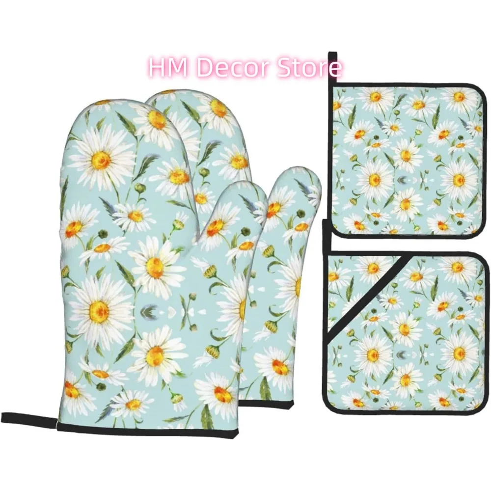 White Chamomile Blue Oven Mitts and Pot Holders Sets of 4, Country Cute Style Cooking Gloves Non-Slip Heat Resistant Polyester O