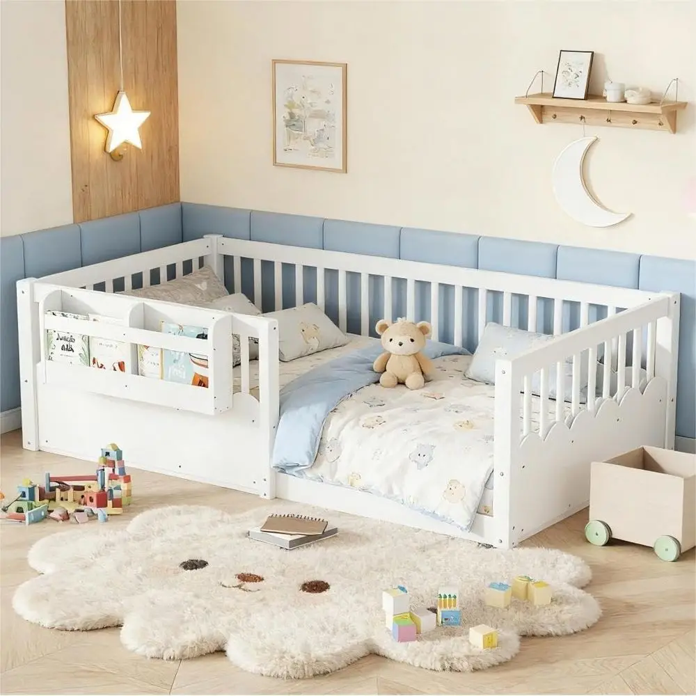 

emave Twin loor Bed e with 19.7" Saety ence & Book Shel, Solid Wood Montori Bed with Stable Bas, Low Proile Montori loor Beds or