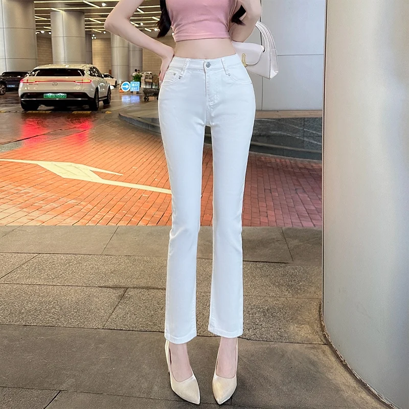Elastic Straight Leg Jeans High Waist Cotton Polyester Blend Four Seasons Women's High Hip Nine Points Smoke Tube Pants