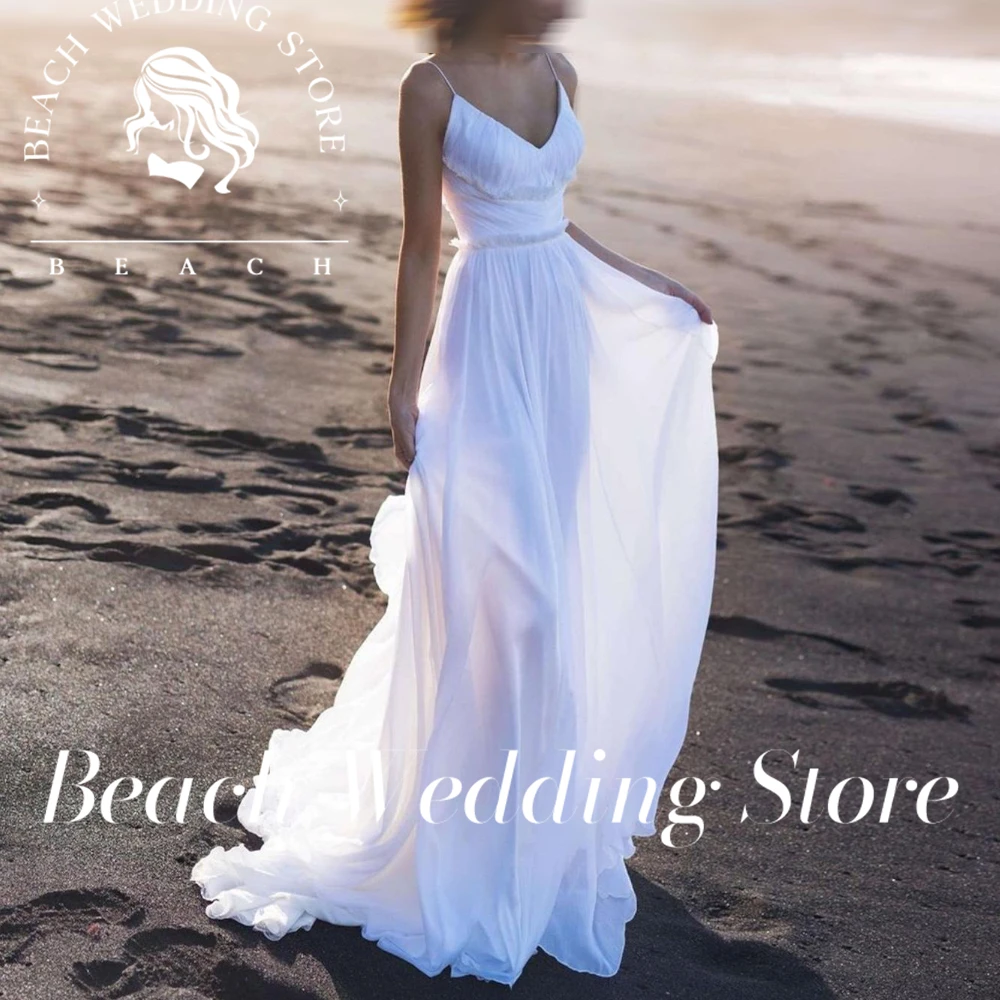 

Beach Customized Wedding Sweetehart Floor Length Chiffon Spaghetti Strap Gowns robe de mariage Elegant Backelss Sweep Train