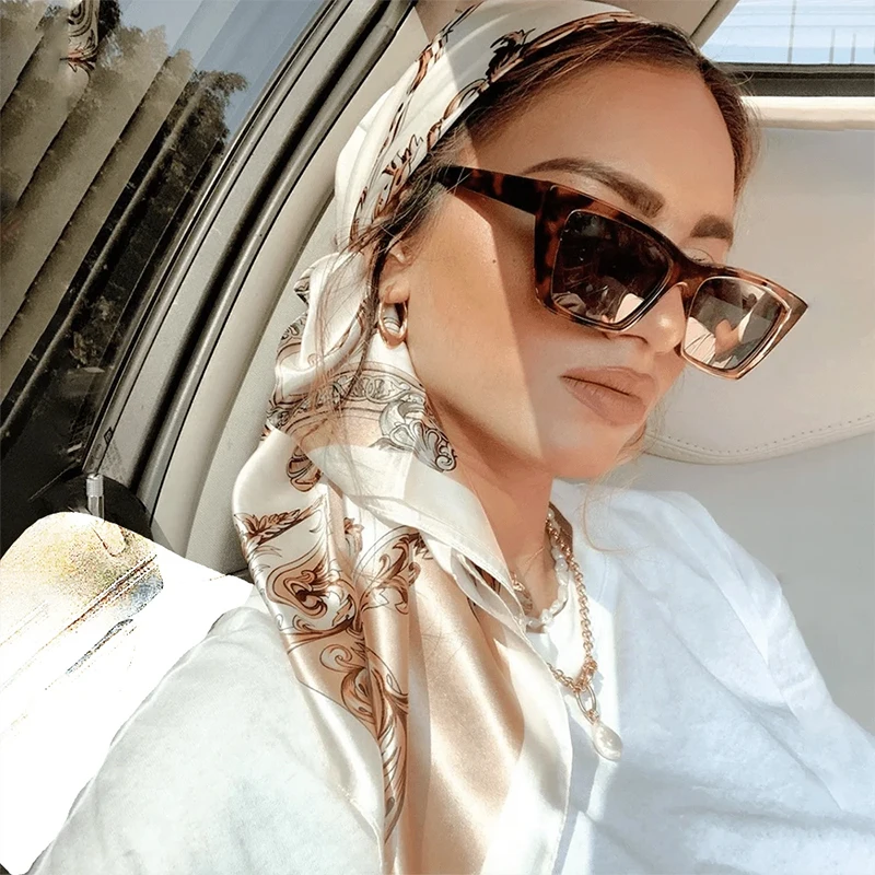 Luxury Brand Silk Satin Square Scarf Women Hijab Bandana Muslim Headscarves Shawl Wrap Ladies Headband Neckerchief Foulard 90cm image 6