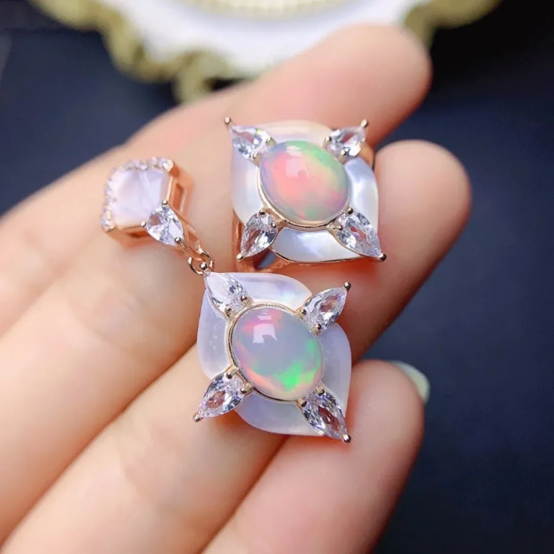 

100% Natural Opal Ring 7x9mm Sterling Silver 925 Women's Ring and Pendant Gemstone Anniversary Party Classic Fine Jewelry Set