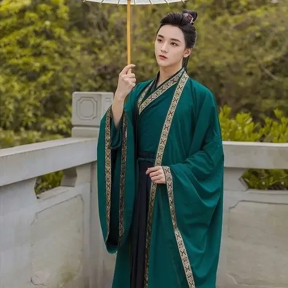 Hanfu เครื่องแต่งกายแบบดั้งเดิมของผู้ชายจากฮั่นฝูประเทศจีนโบราณคอชุดเดรสแบบจีนพิมพ์ลายยาวถึงเอว