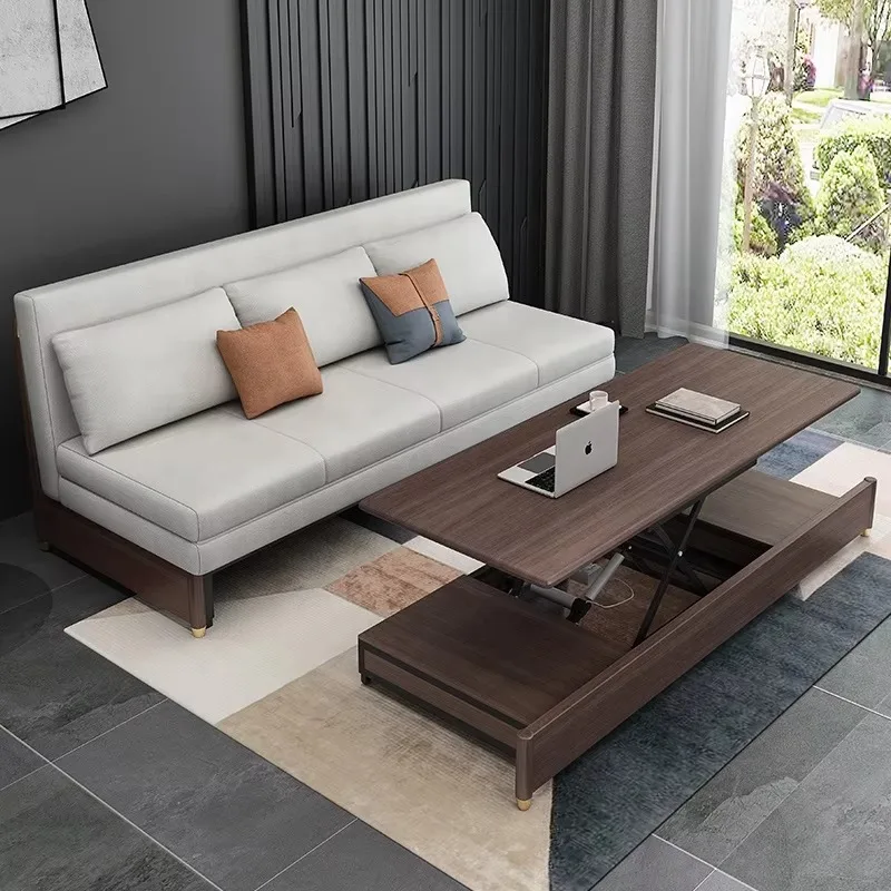 Solid Wood Sofa with Hidden Electric Adjustable Lift Up Top Storage Coffee Table  Pull Out Sofa Bed Folding Furniture