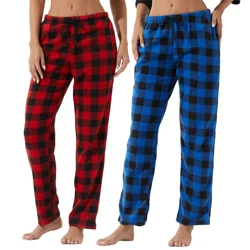 2 Pack Pajama Pants for Women Fuzzy Pack Long Fleece Buffalo Plaid Pj Bottoms Soft Drawstring Lounge Sleepwear