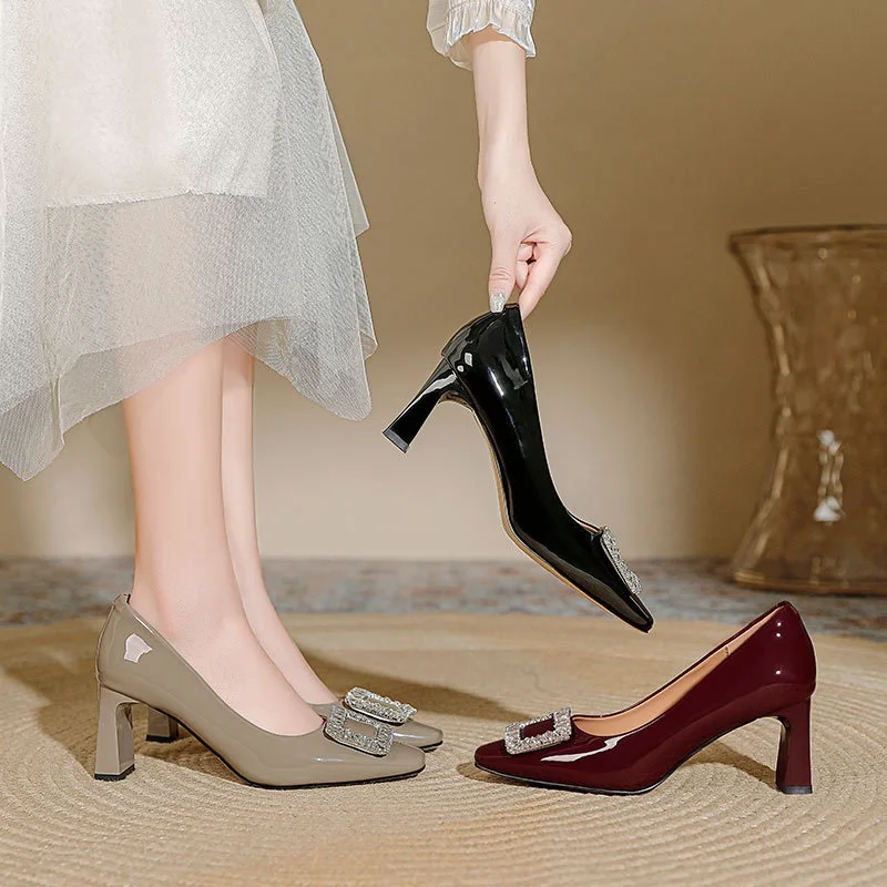 Leisure Plaid Autumn Lady Short Heel Pumps European and American PU Leather Ladies Shoes Square Toe Party Shoes For Women S064