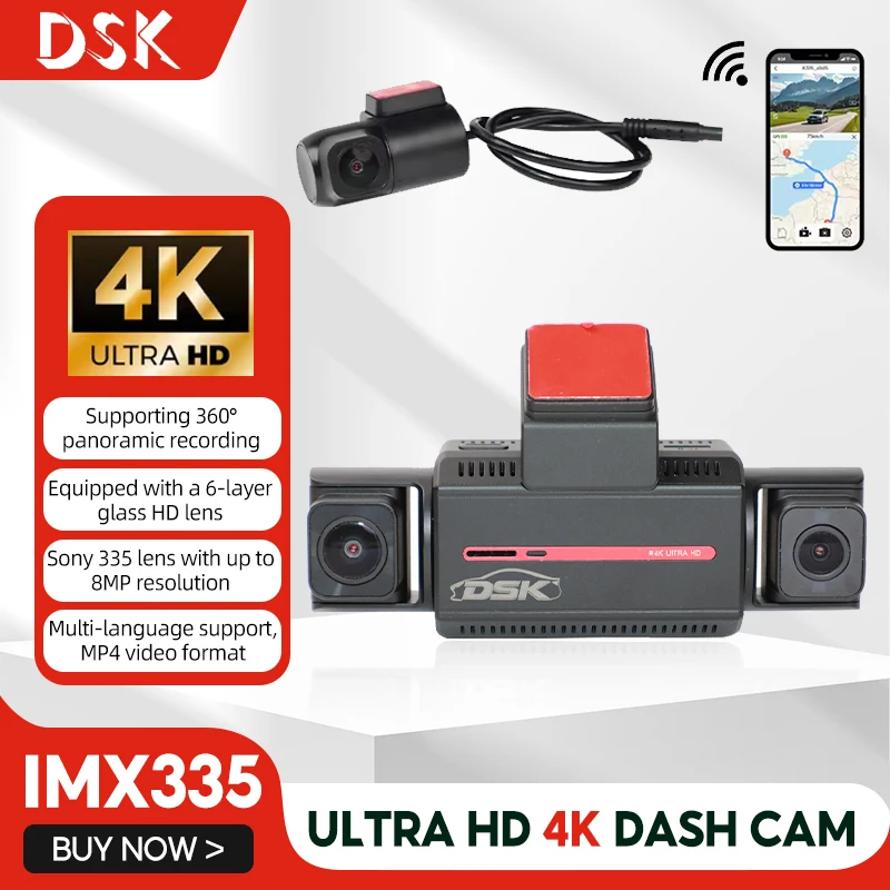 4K Ultra HD Dash Cam Front Rear And Internal 360° Recording Three-Channel Car Drive Recorder G-Sensor Night Vision Car DVR