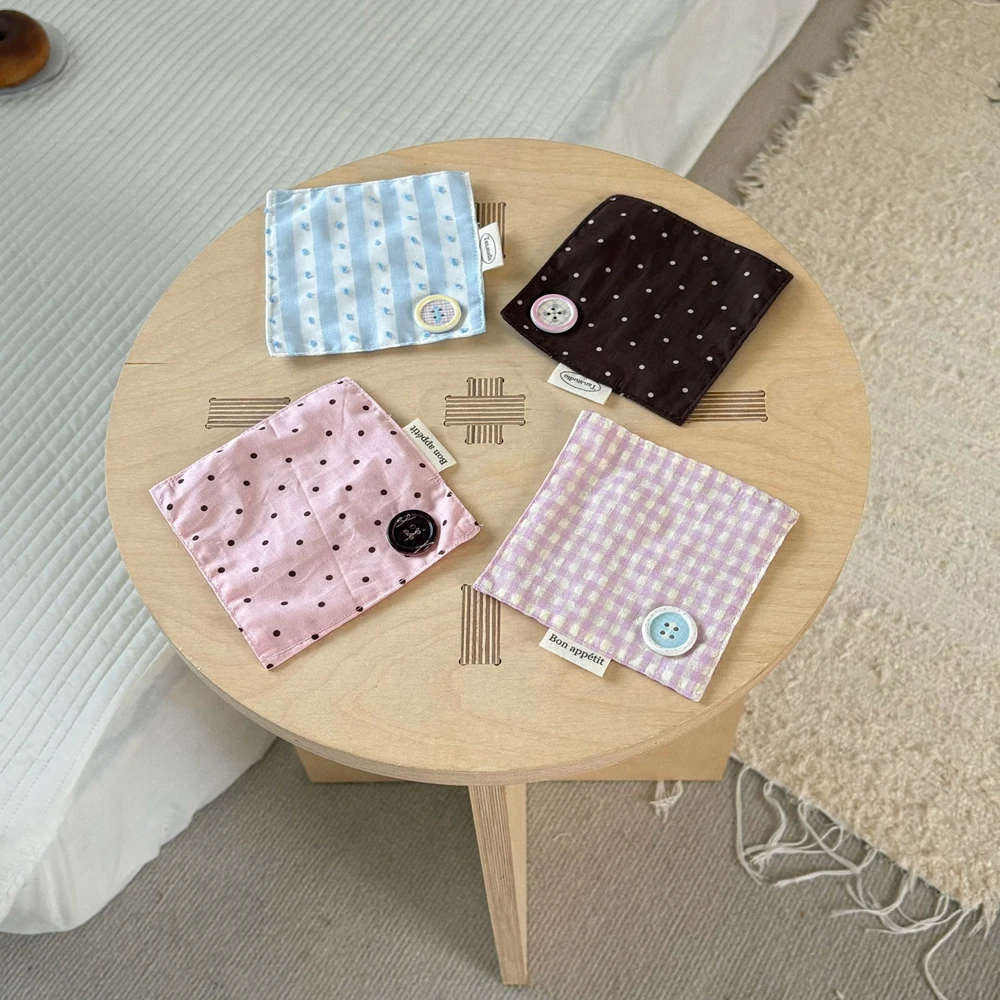 Original Handmade Cute Y2K Button Fabric Cotton Coaster Retro Plaid Insulation Mat Coffee Cup Placemat Table Decor