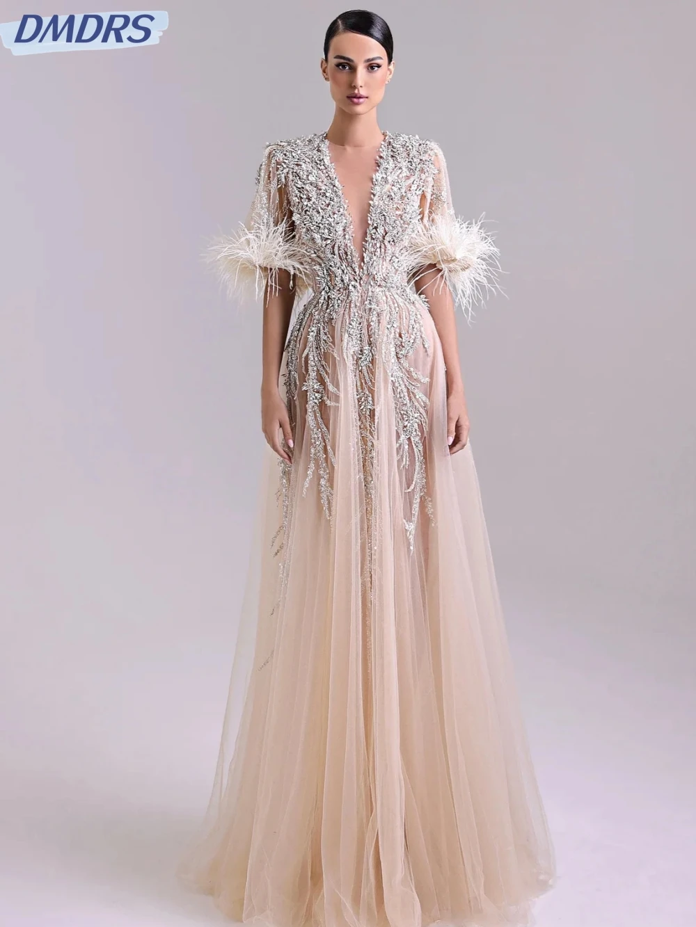 

Exquisite Beaded Feathers Tulle Long Evening Dress Illusion Deep V-neck Prom Dresses Customized A-line Long Wedding Party Gown