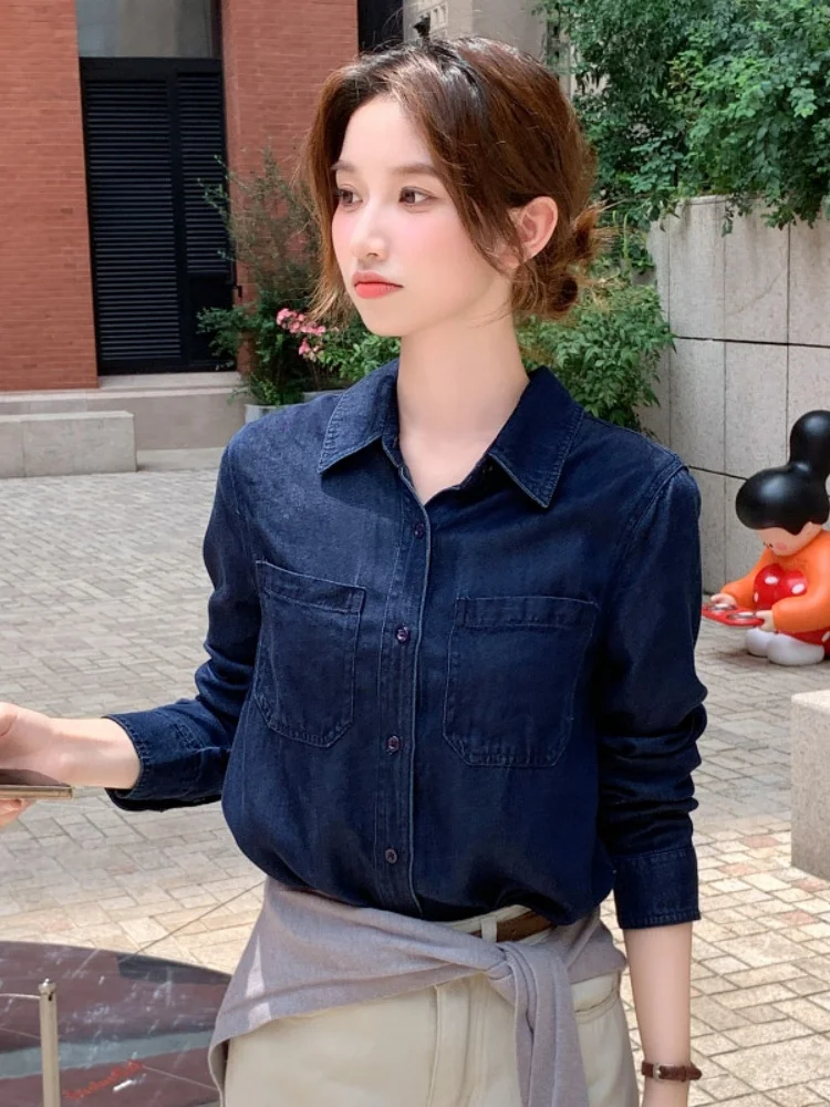 Haut Long en Denim bleu rétro pour femmes, vêtement d'extérieur superposé, coréen, coupe droite, détail de boutons, printemps automne hiver