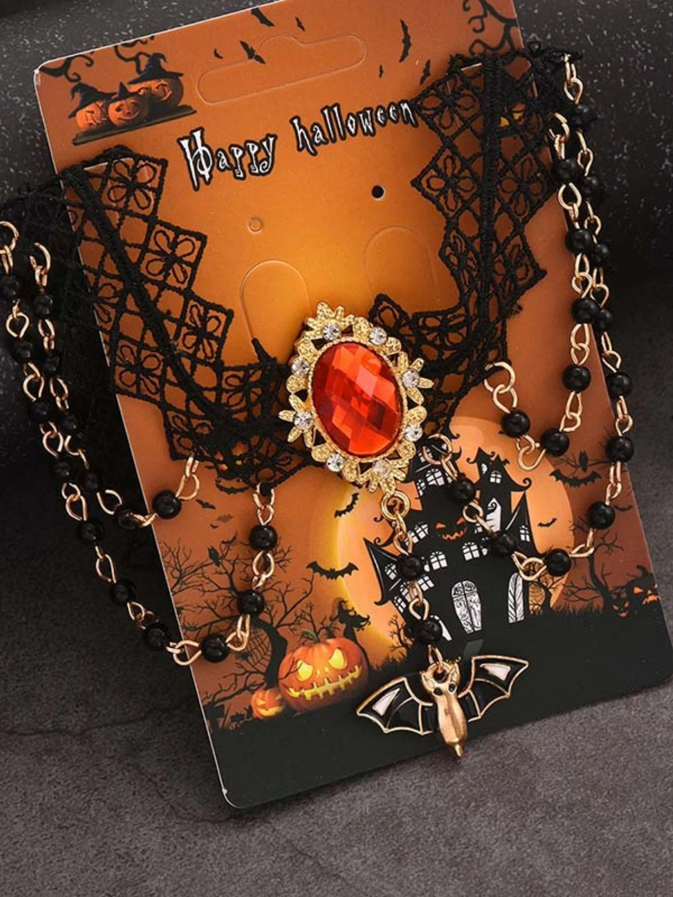 

Women's Halloween Multi-Layer Crystal Bat Necklace Gothic Lace Pendant Jewelry Trendy Holiday Accessory for Women