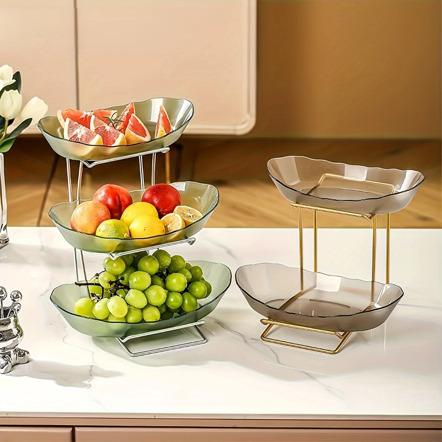 

3 Layer Ceramic Fruit Bowl for Kitchen Counter with Metal Shelf, Fruit Basket with Stand, Porcelain Bowl for Fruit & Vegetable B