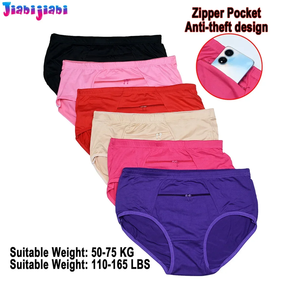 

6pc Women'S Underwear Zipper Pocket Anti-Theft Pure Cotton Breathable Stretch Antibacterial Girls Briefs Panties Women Lingerie