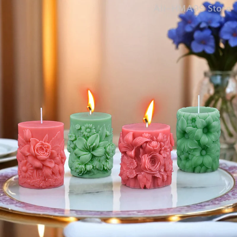 3D New Rose Style Aromatherapy Candle Silicone Mold Handmade Lily Cylinder Gypsum Resin