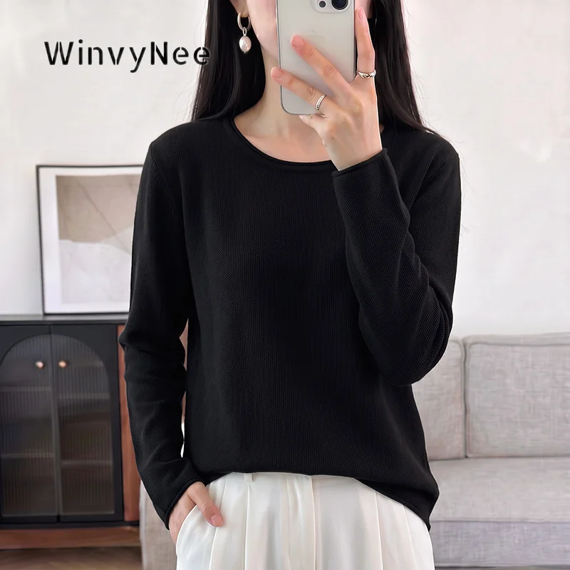 Женский вязаный топ WinvyNee, 100% хлопок, круглый вырез, длинный рукав, свободный крой, приятный к телу, универсальная базовая одежда, повседневный стиль, модель ZA1002054.