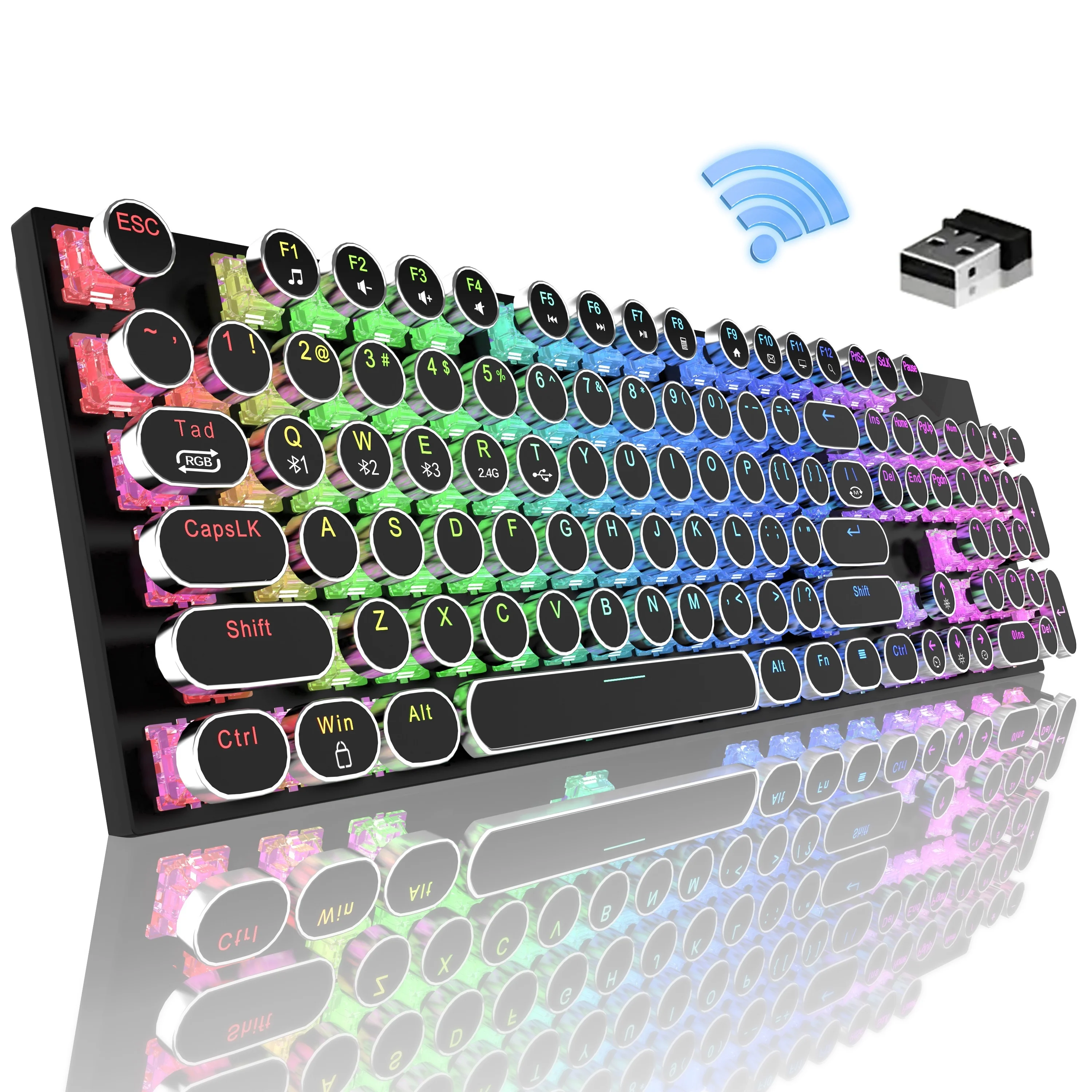 RGB Punk Typewriter Mechanical Keyboard – 104 Keys, Round Keycaps 2.4G/Wired, Suitable for Gaming and Office