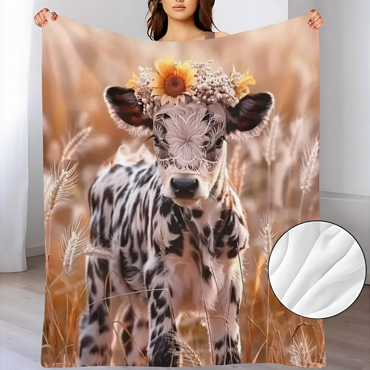 Farm Style Spotted Baby Cow Blanket Adorable Calf Wearing Sunflower Floral Crown Golden Wheat Field Soft Flannel Throw Blanket