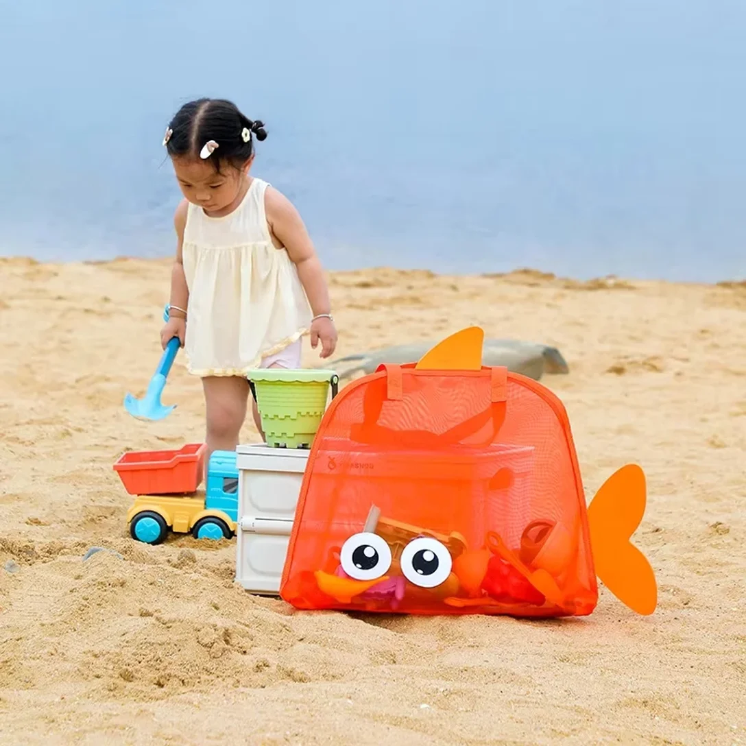 

2pc Cartoon Kids Mesh Beach Bag Large Capacity Foldable Sand Toy Storage Tote Lightweight Swim Pool Bag for Gym Travel Camping