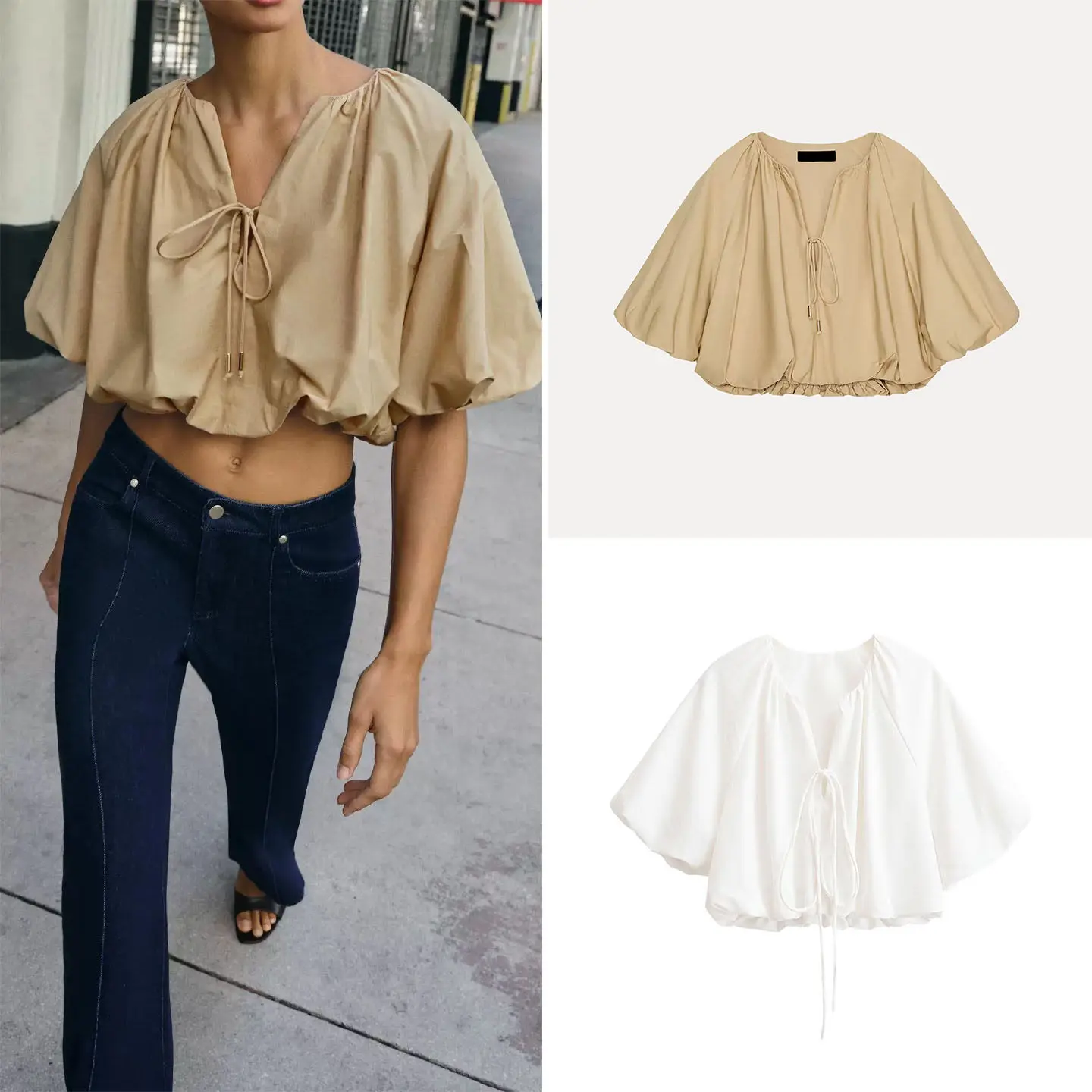 

Women's Casual Style round Neck Short Sleeve Balloon Fit Short Shirt Summer 2026 ZADATA Loose Fit Gathered Detail Other Material