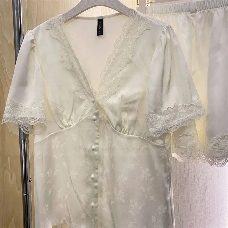 Jacquard Flower Loungewear Female Ice Silk Short Sleeve Shorts Set 2Pcs Pajamas French Style Sleepwear Elegant Nightwear
