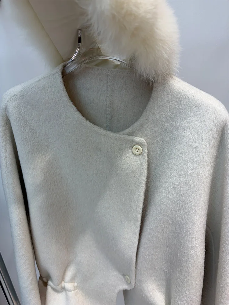 2026 Winter Women's Warm Wool Cashmere Jacket Natural Real Fox Fur Collar Scarf Coat Luxury Casual Female Coat