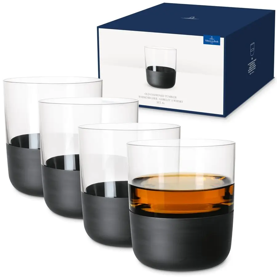 Fabricación Juego de vasos de whisky Rock, 4 piezas, vaso de cristal con base negra mate, capacidad 250 ml