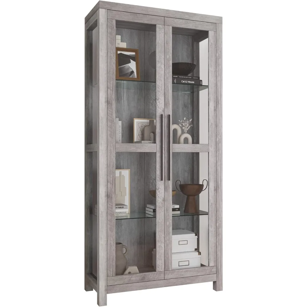 Glass Display Cabinet, Tall Curio Cabinet with Tempered Glass Doors for Living Room, Trophy Display Case - Avalon (Gray Wash)