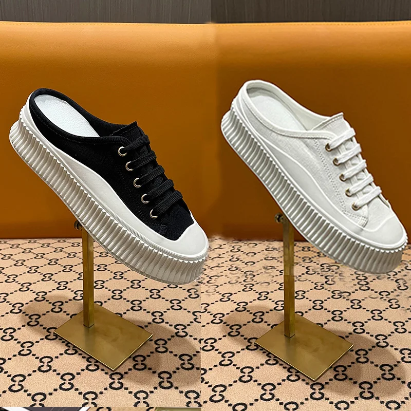 Canvas shoes women summer 2023 new half slippers casual platform lazy white shoes