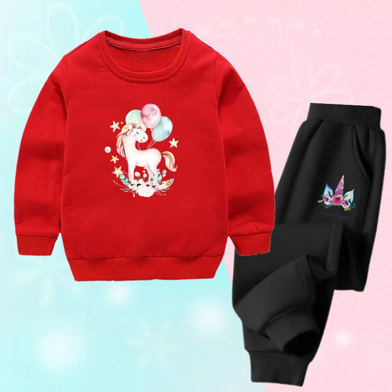 Mädchen-Trainingsanzug „Fairy“, bestehend aus zwei Teilen, mit Einhorn- und Ballonmuster, Sweatshirt mit Rundhalsausschnitt + Jogginghose, süßes Outfit.