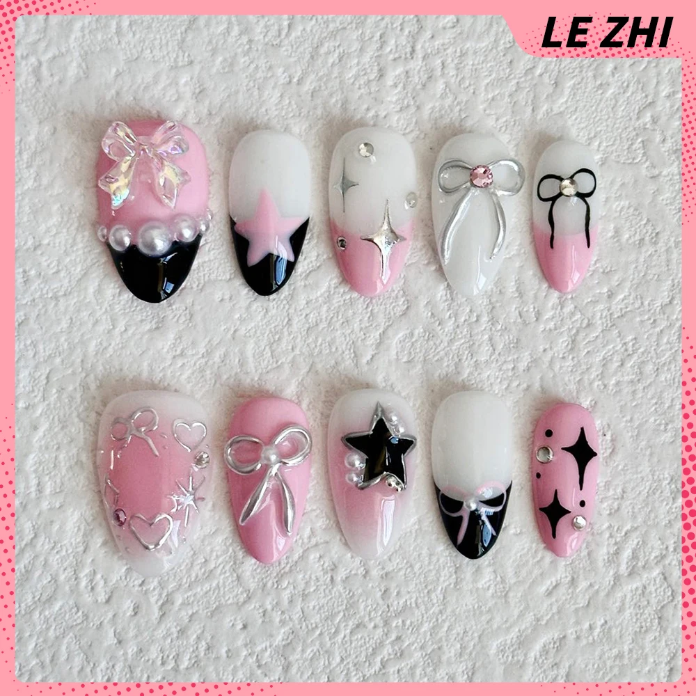 10Pcs Y2K Spice Girl Handmade Press On Nails Party Stickers 3D Flowers Bowknot Magic Mirror Powder Almond Reusable Fake Nails