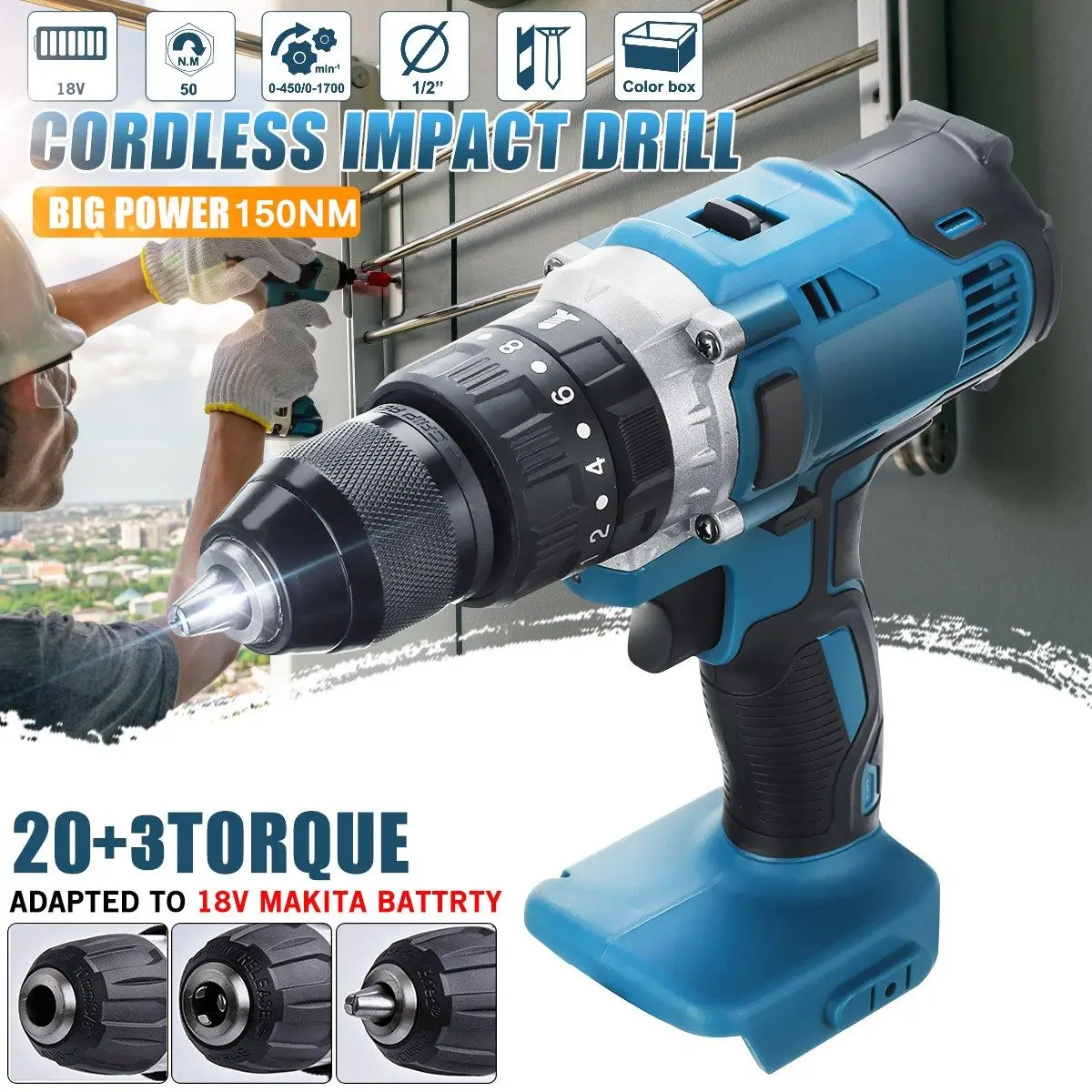 150N.M 88V Electric Impact Drill 20+3 Torque Cordless Electric Power Screwdriver Drill For Makita 18V Battery