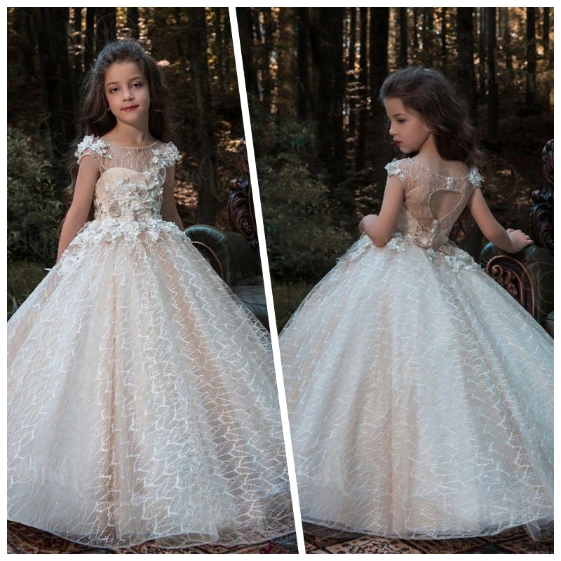 

New Puffy Lace Flower Girl Dress For Weddings Ball Gown Girl With Heart-shaped Hollow Party Communion Pageant Gown