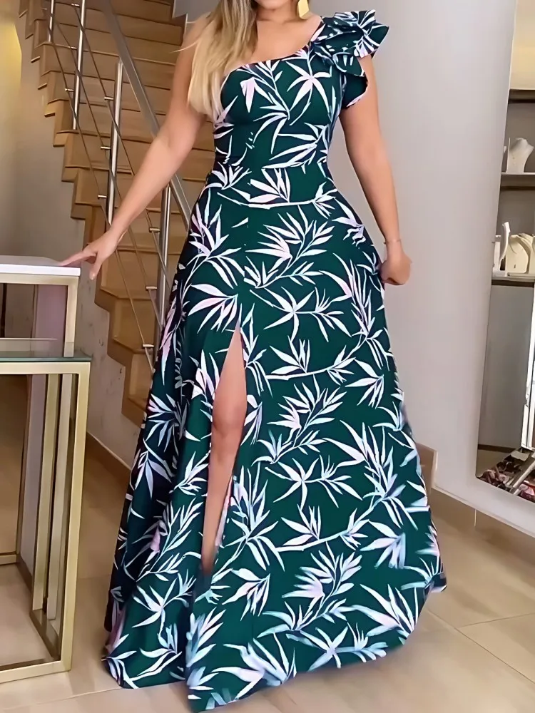 African Dresses For Women One Shoulder Elegant Polyester New Muslim Fashion Abayas Dashiki Robe Kaftan Maxi Dress Turkish Africa