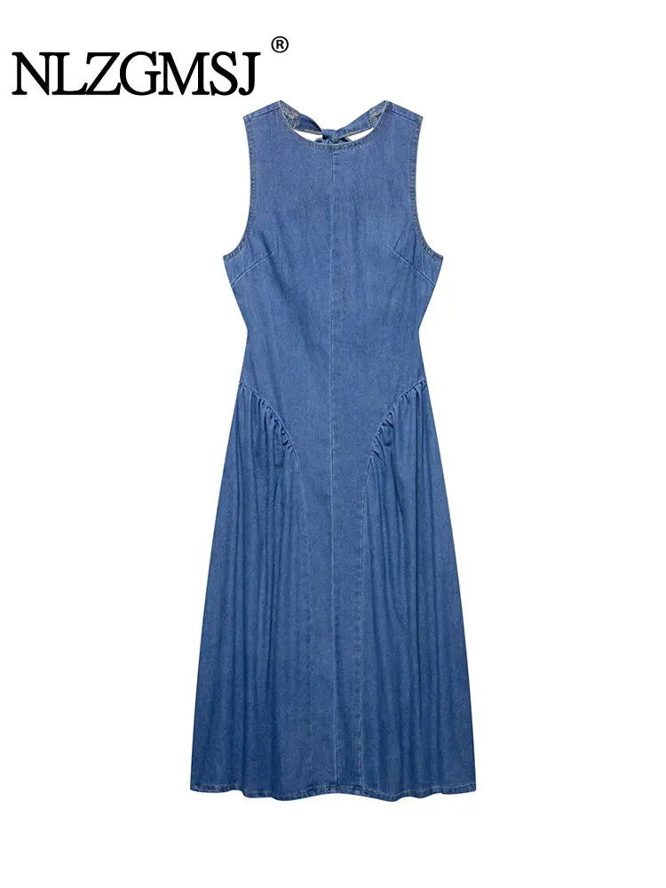 فستان نسائي صيفي أنيق طويل من قماش الدنيم موديل 2025 بدون أكمام بدون ظهر للحفلات فستان أنيق للعطلات