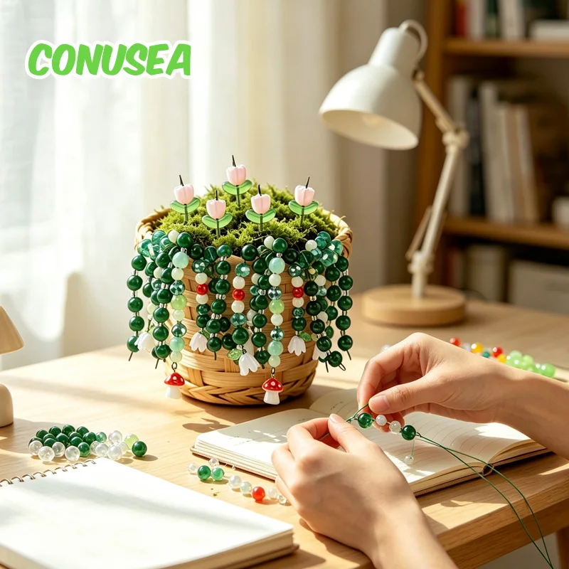 craft-kit-desktop-home-decoration-green-glass-bead-plant-set-succulent-themed-jewelry-beads-complete-kit-plant-leaves-flower