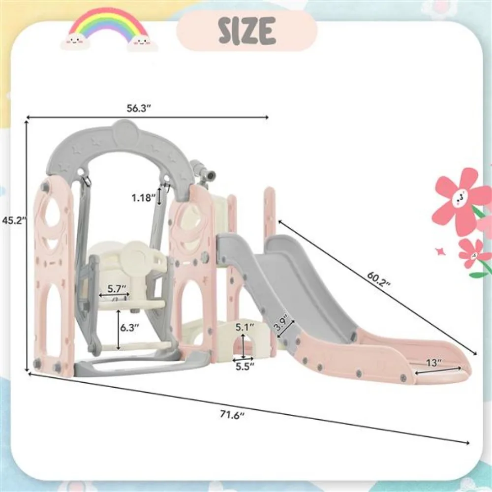 

Toddler Slide and Swing Set 5 in 1 Kids Playground Climber Slide Playset with Telescope Combination 2-Color Slides