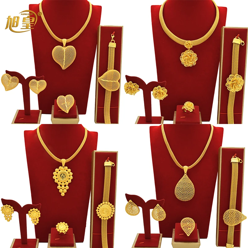 

XUHUANG African Wedding Bridal 24k Gold Color Heart Shape Necklace Sets Indian Nigerian Luxury Jewelry Set for Dubai Party Gifts