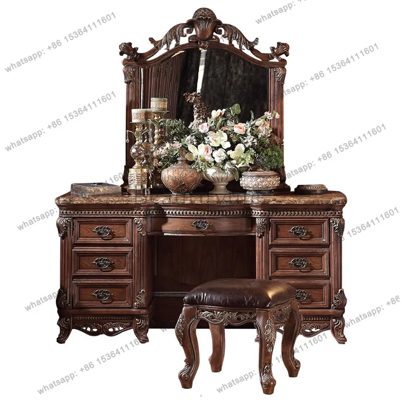 European retro marble dresser luxury American country solid wood retro makeup table bedroom high-end dressing cabinet