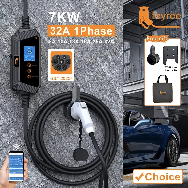 Feyree 7kw 32a carregador ev ajustável gbt soquete app versão bluetooth conjunto tempo de carregamento evse caixa de carregamento para veículo