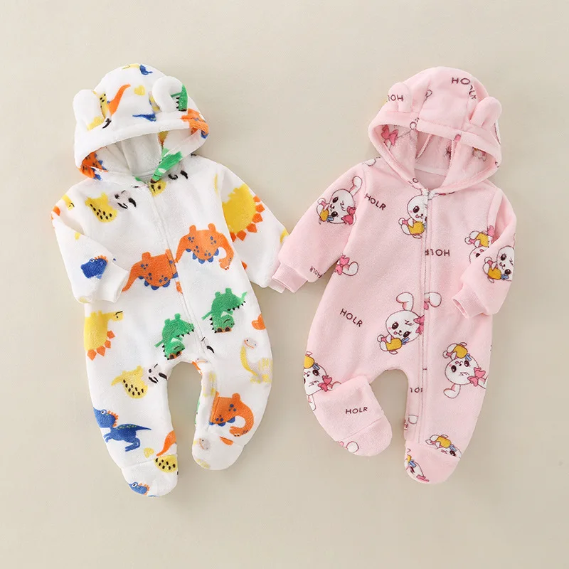 

Winter Newborn Boys Rompers Cartoon Print 1-3Y Baby Boys Bodysuits Long-sleeved Rabbit Hooded Zip-up Toddler Boys Jumpsuits