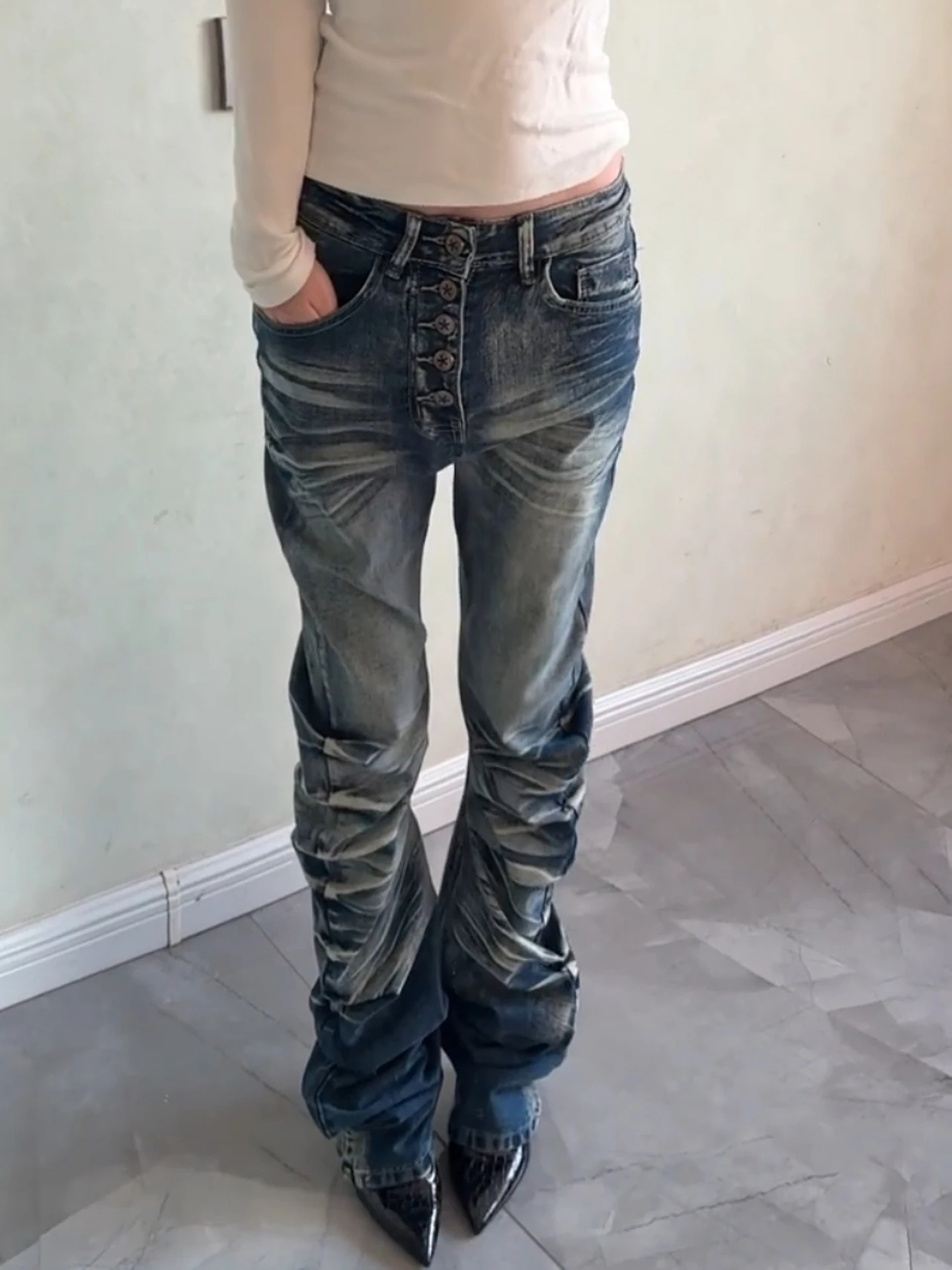 

American Vibe plus Size Retro High Street Button Detail Flared Denim Jeans Women's Folded Scratch Slim Floor Length Pants