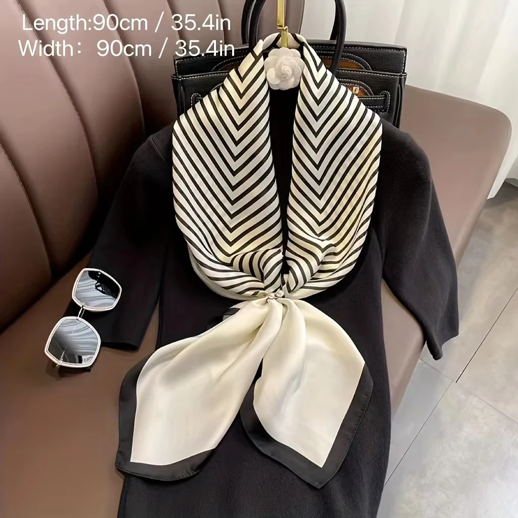 Luxury Striped Shawl Soft Satin Square Scarf Elegant Bandana Imitation Silk Head Wrap Classic Sunscreen Travel Beach Towel